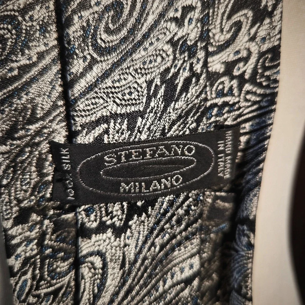 Stefano Milano Silk Tie Necktie Vintage 90s Silver Gray Italian Luxury Mens